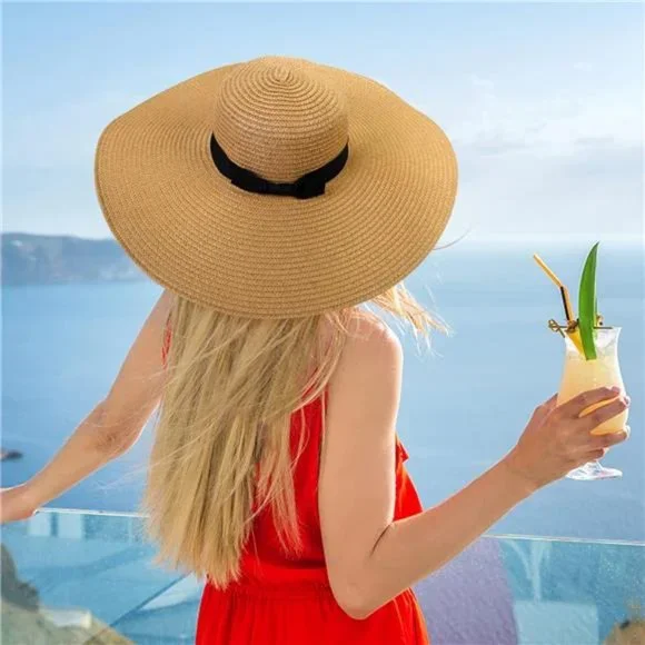 Womens Sun Hat UV Protection Wide Brim Beach Hat Floppy Foldable Straw Hats - Picture 3 of 7